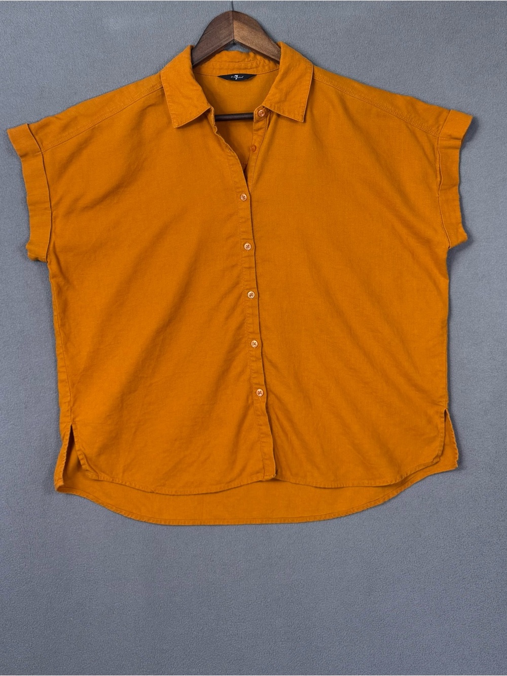 7 For All Mankind Linen Easy Shirt, Short Sleeve Button Down, Caramel Orange, M